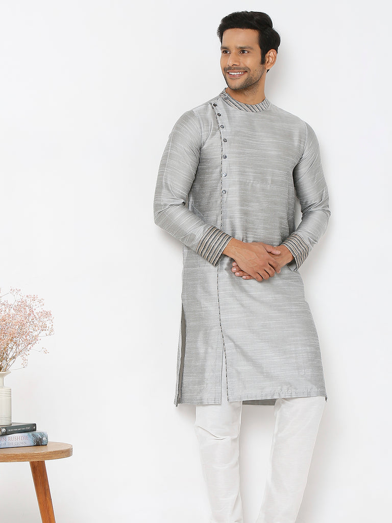 Men's Grey Polyester Viscose Embroidered Kurta