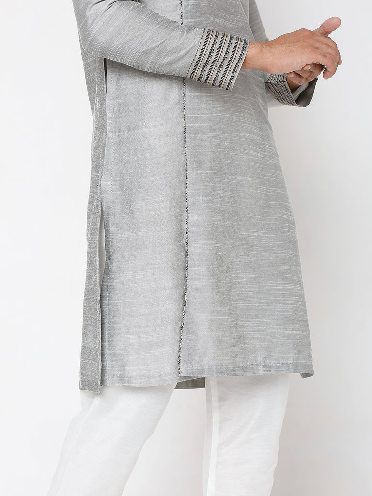Men's Grey Polyester Viscose Embroidered Kurta