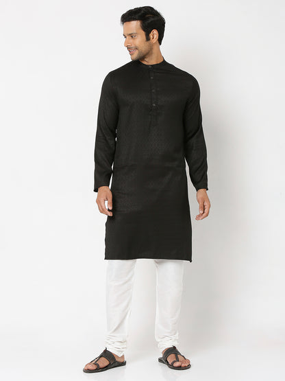 Men's Black Poly Viscose Froral Kurta