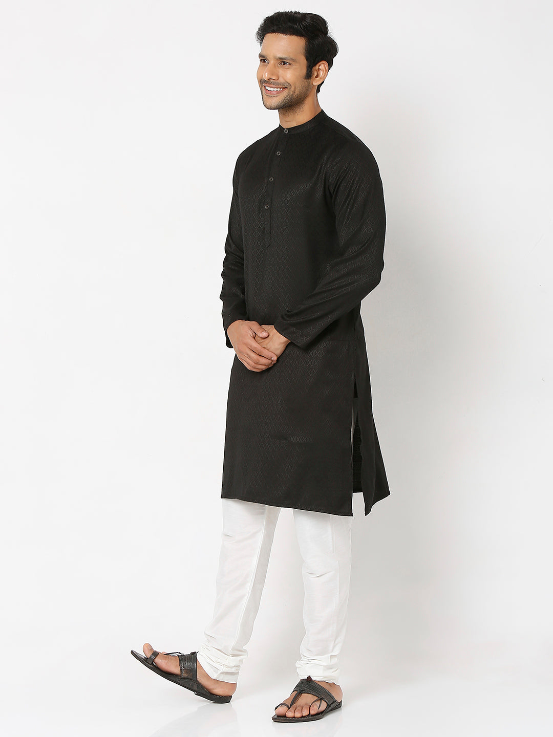 Men's Black Poly Viscose Froral Kurta