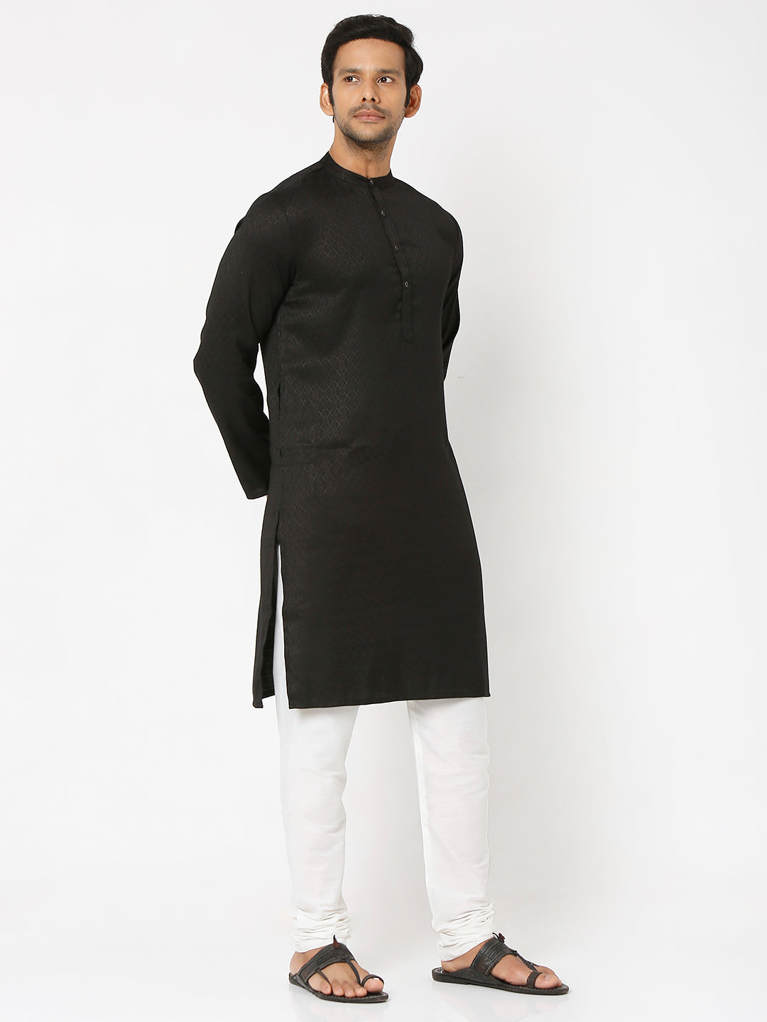 Men's Black Poly Viscose Froral Kurta