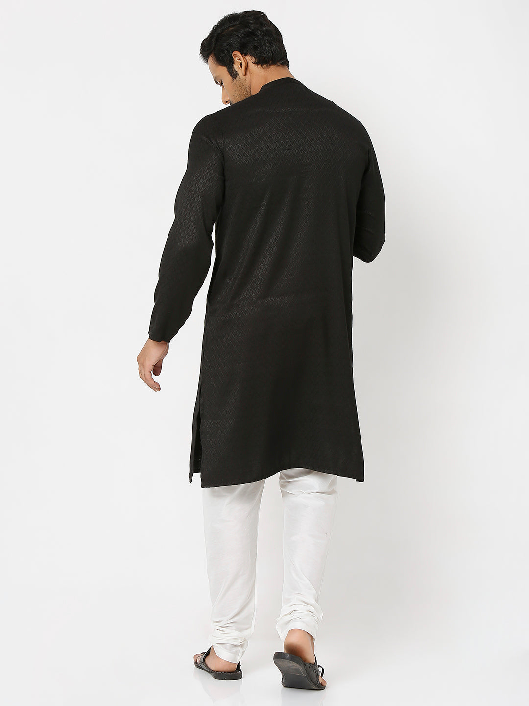 Men's Black Poly Viscose Froral Kurta