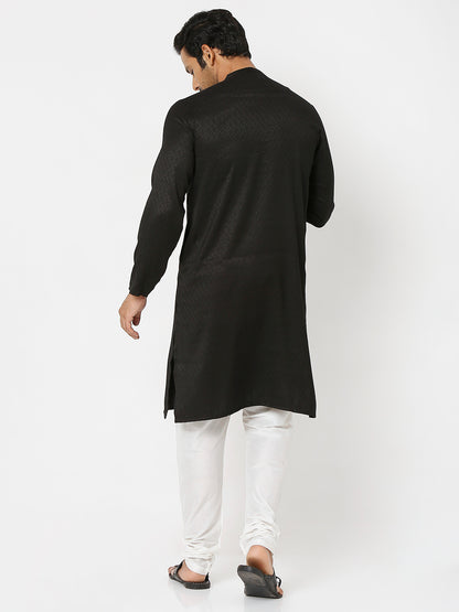 Men's Black Poly Viscose Froral Kurta