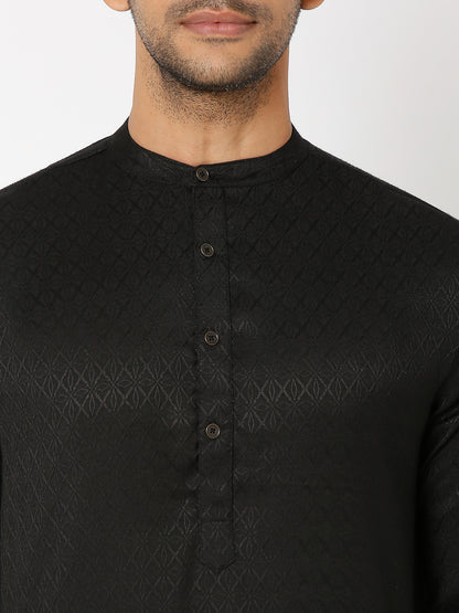 Men's Black Poly Viscose Froral Kurta