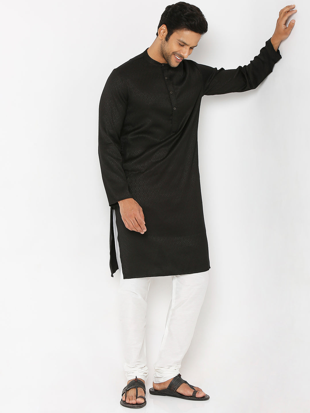 Men's Black Poly Viscose Froral Kurta