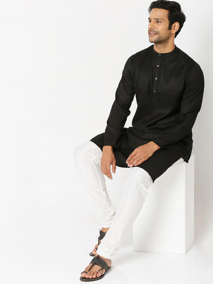 Men's Black Poly Viscose Froral Kurta
