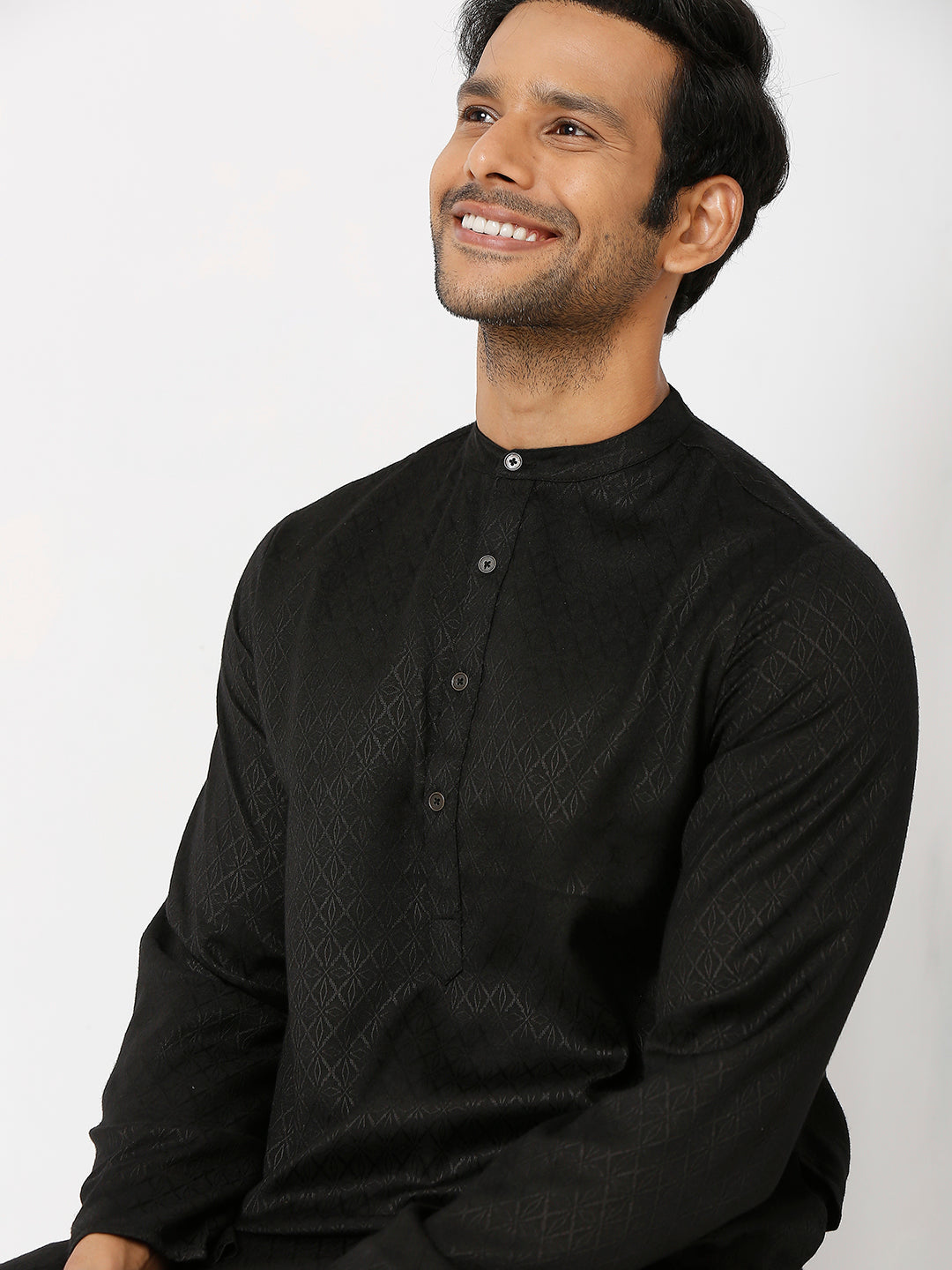 Men's Black Poly Viscose Froral Kurta