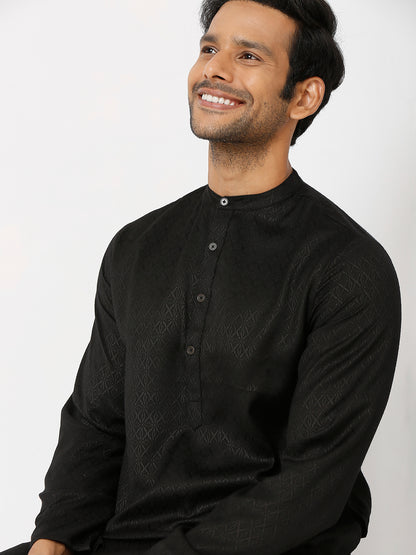 Men's Black Poly Viscose Froral Kurta