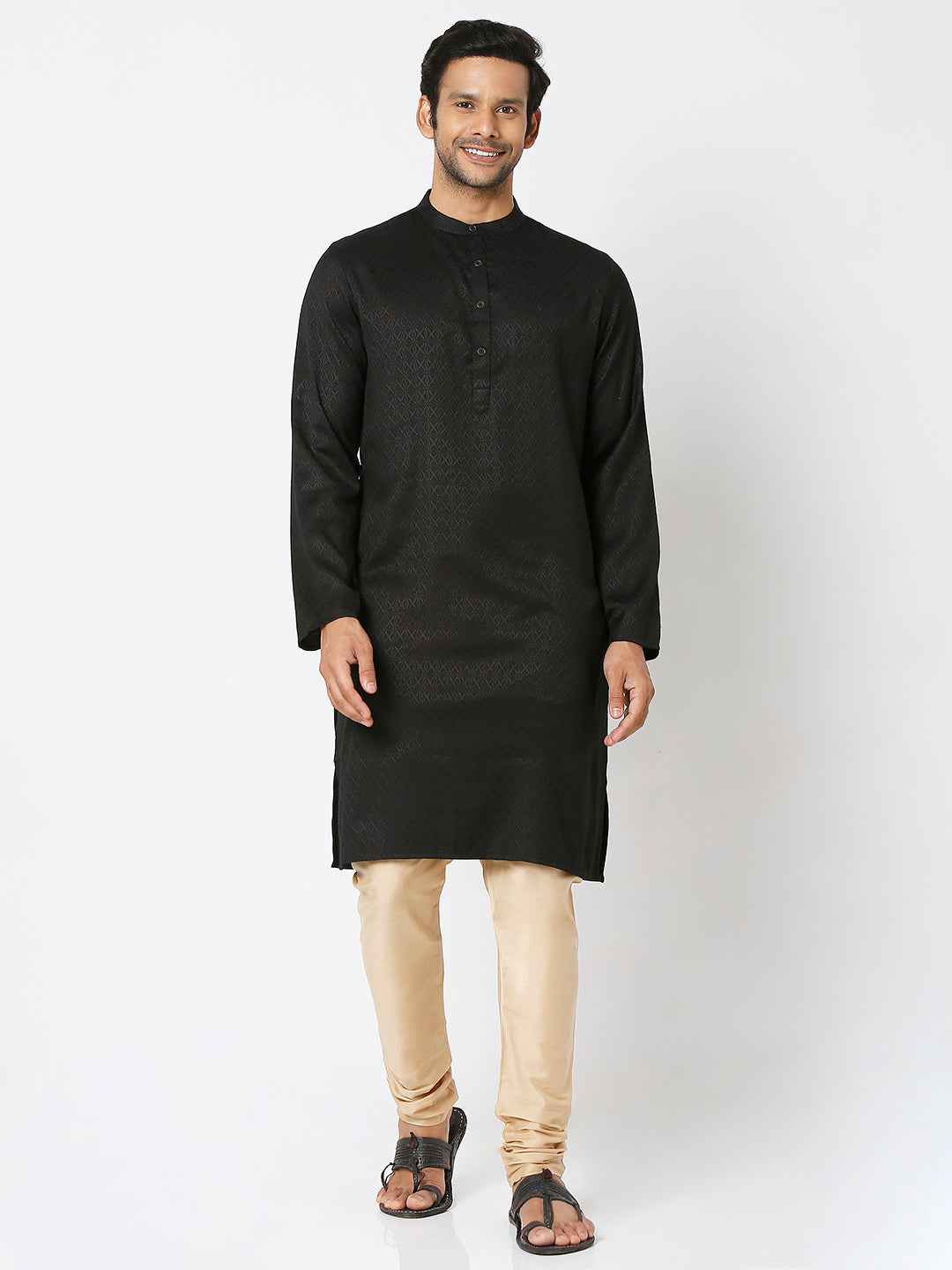 Men's Black Poly Viscose Froral Kurta