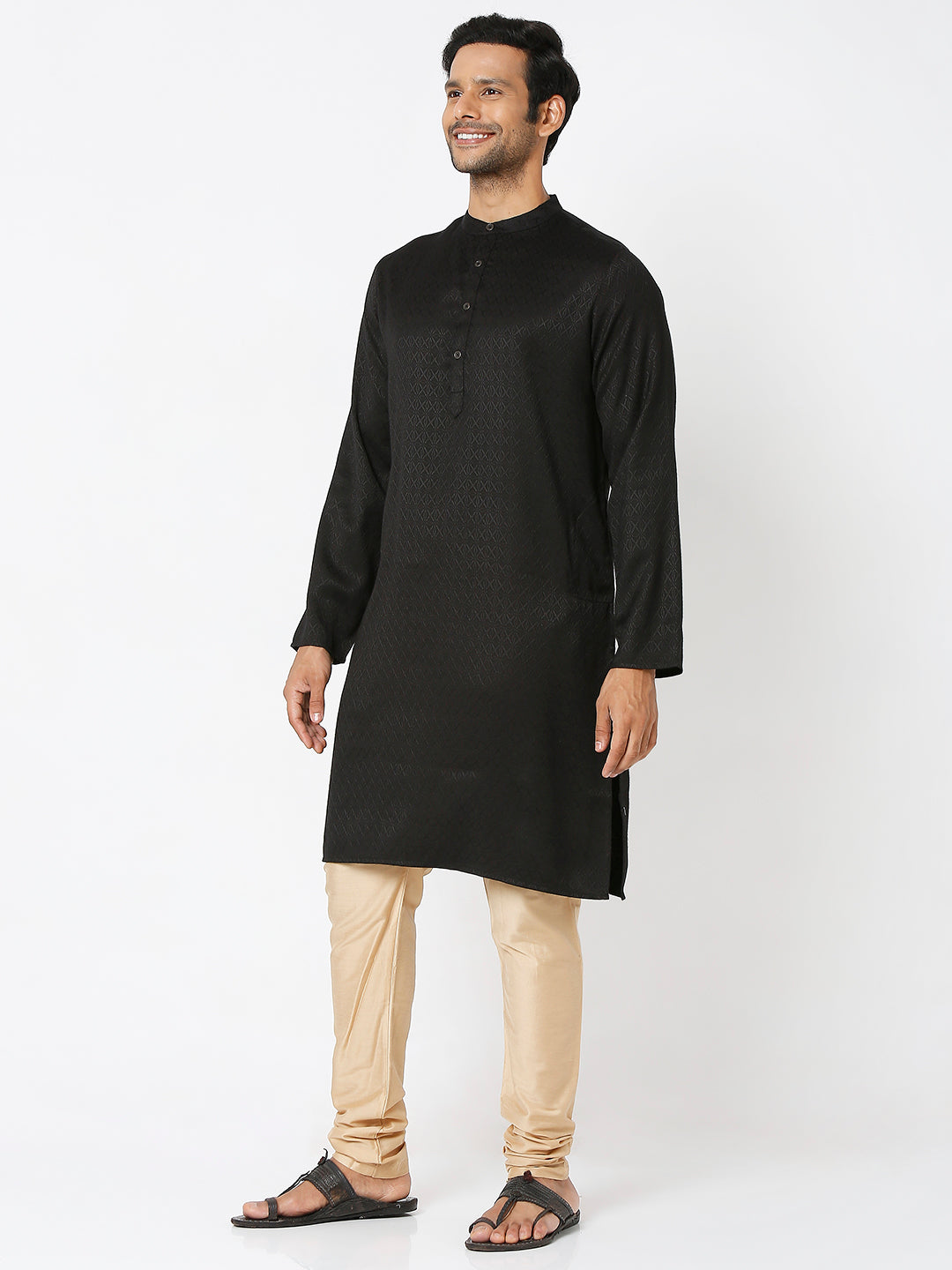 Men's Black Poly Viscose Froral Kurta