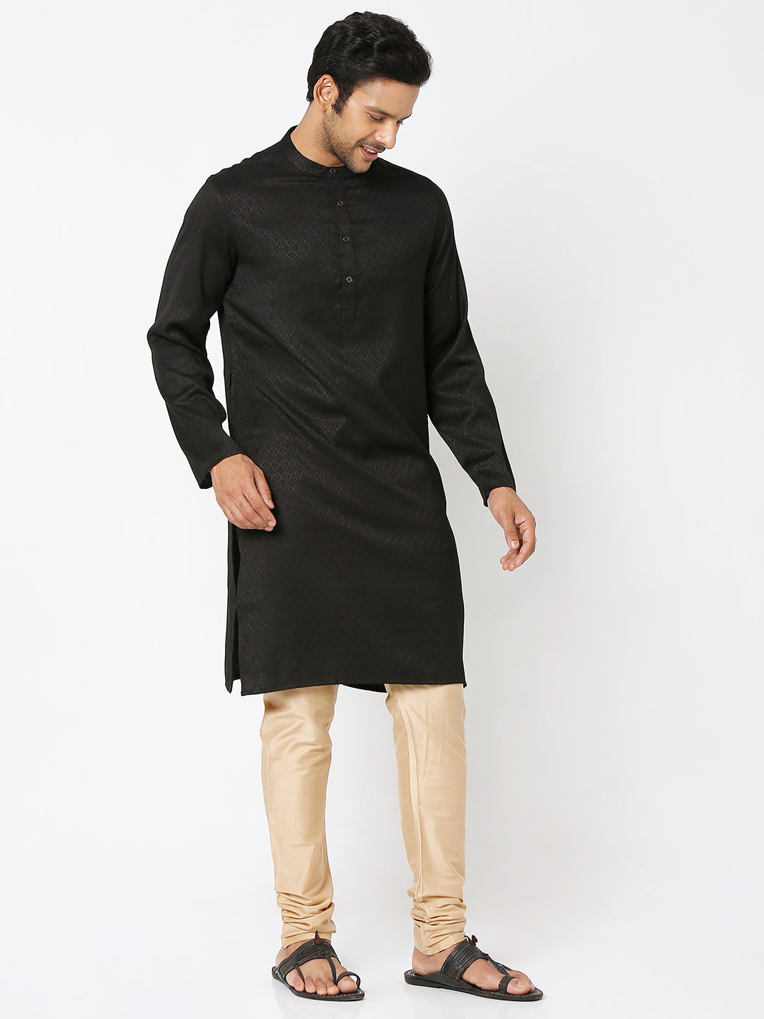 Men's Black Poly Viscose Froral Kurta