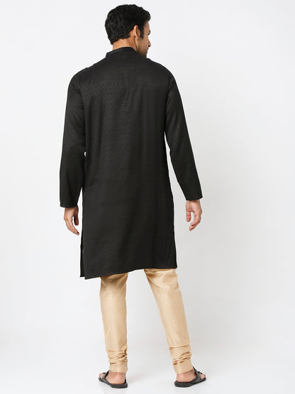 Men's Black Poly Viscose Froral Kurta