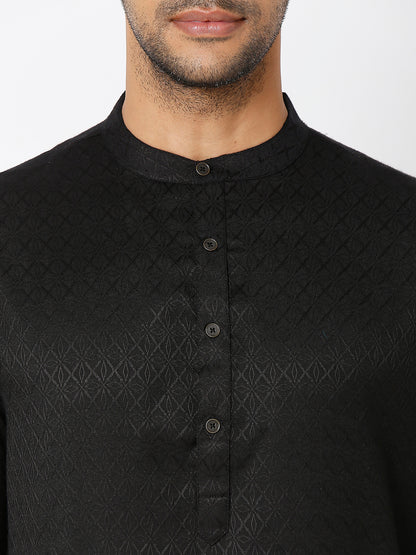 Men's Black Poly Viscose Froral Kurta