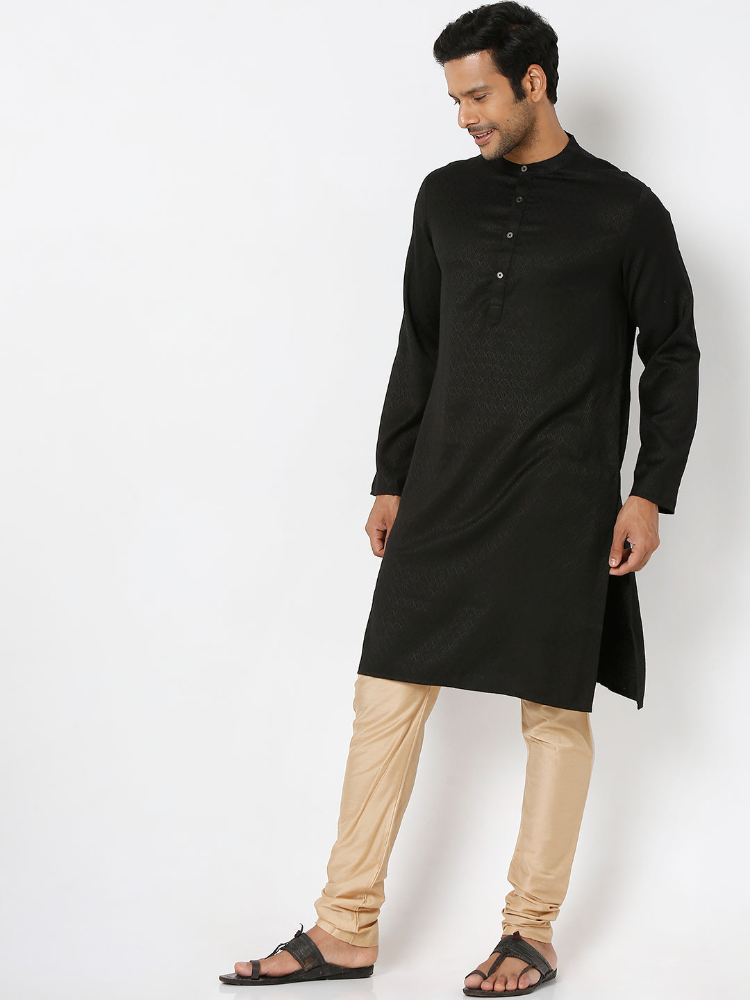 Men's Black Poly Viscose Froral Kurta