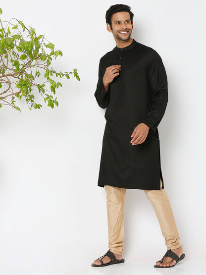 Men's Black Poly Viscose Froral Kurta