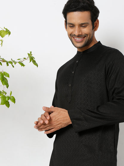 Men's Black Poly Viscose Froral Kurta