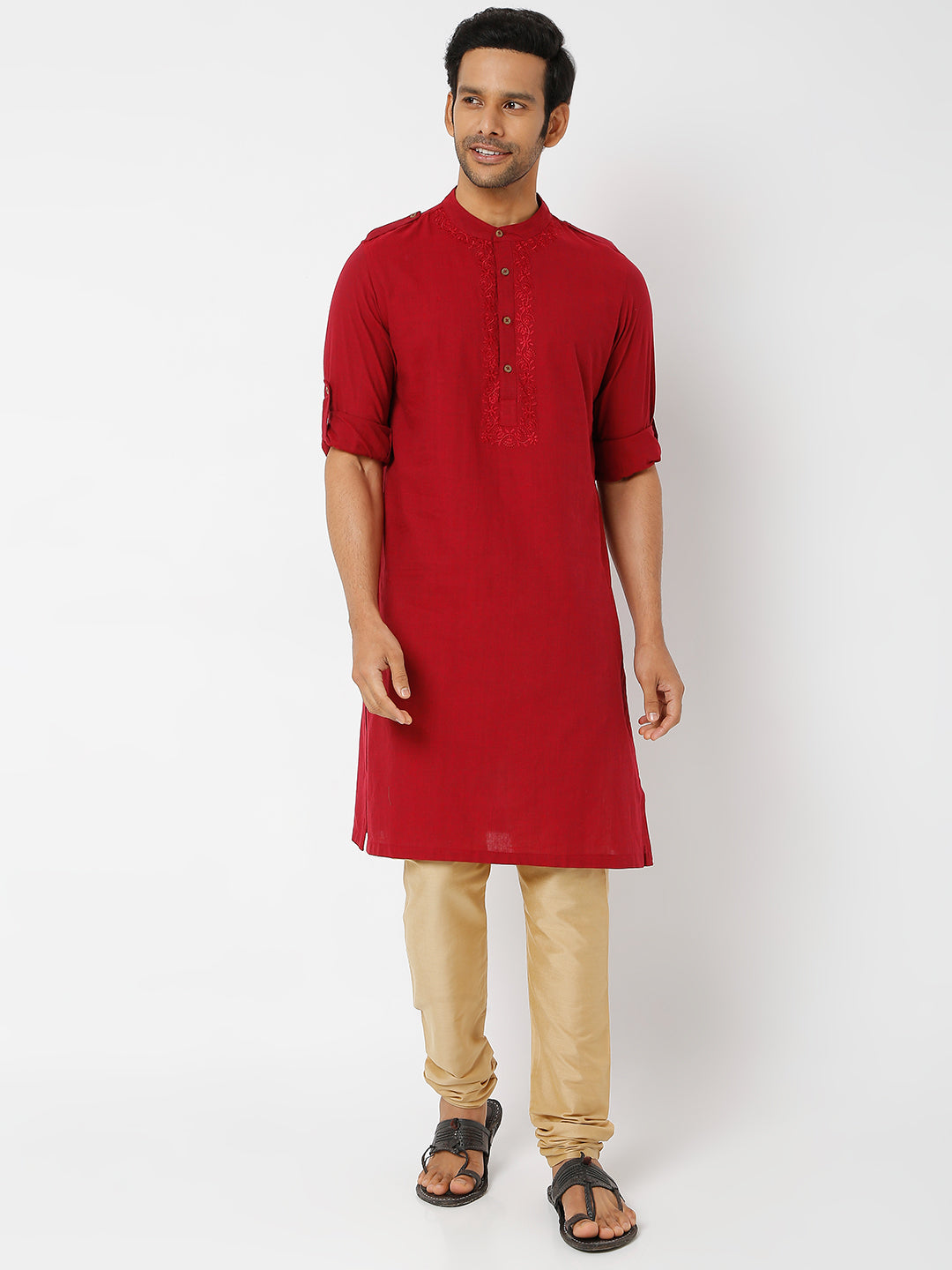 Men's Maroon Powerloom Cotton Solid Kurta