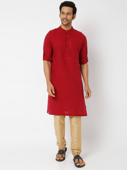 Men's Maroon Powerloom Cotton Solid Kurta