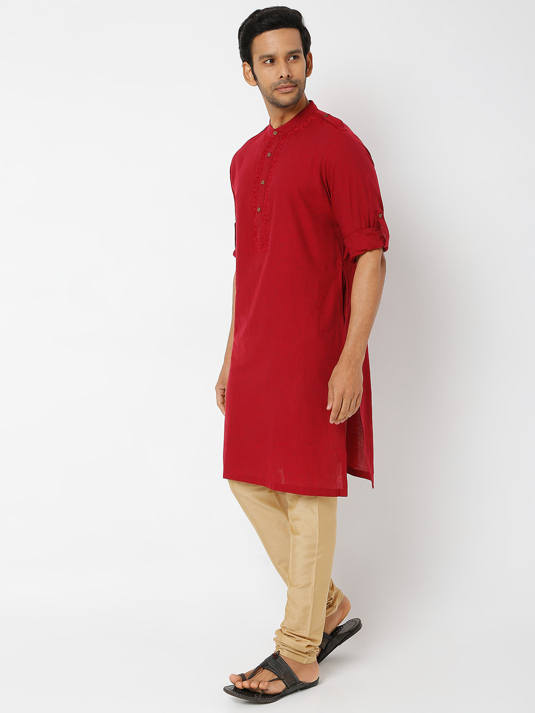 Men's Maroon Powerloom Cotton Solid Kurta