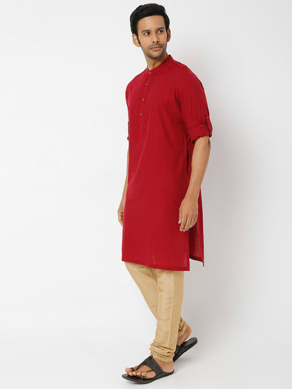 Men's Maroon Powerloom Cotton Solid Kurta