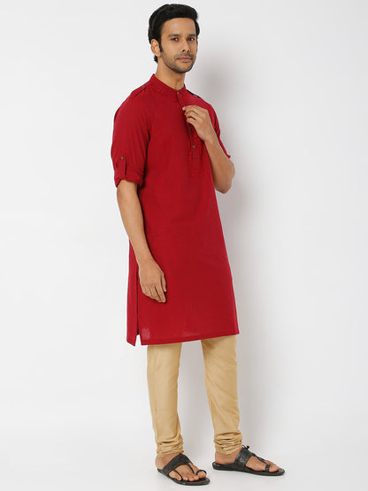 Men's Maroon Powerloom Cotton Solid Kurta