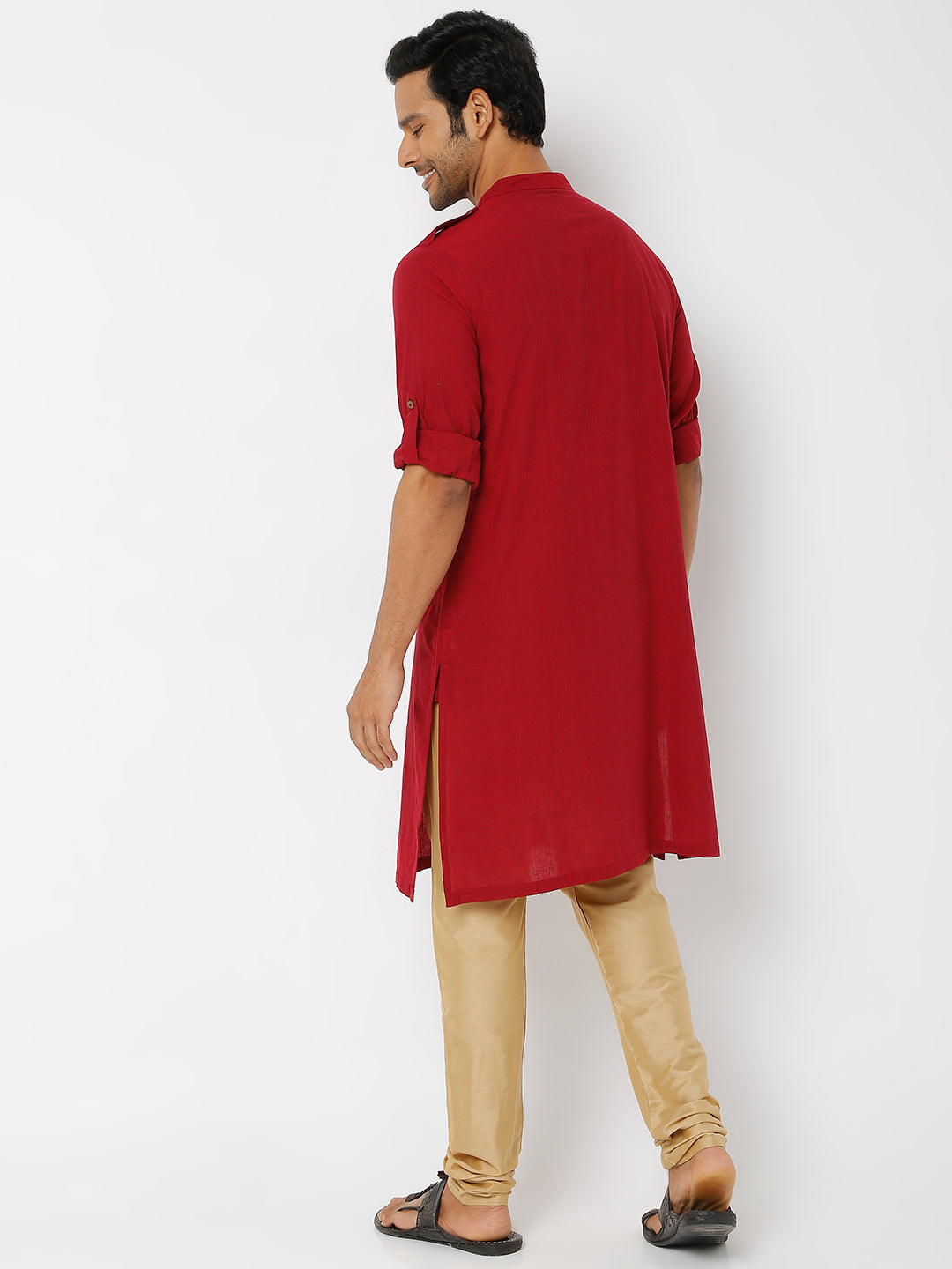 Men's Maroon Powerloom Cotton Solid Kurta