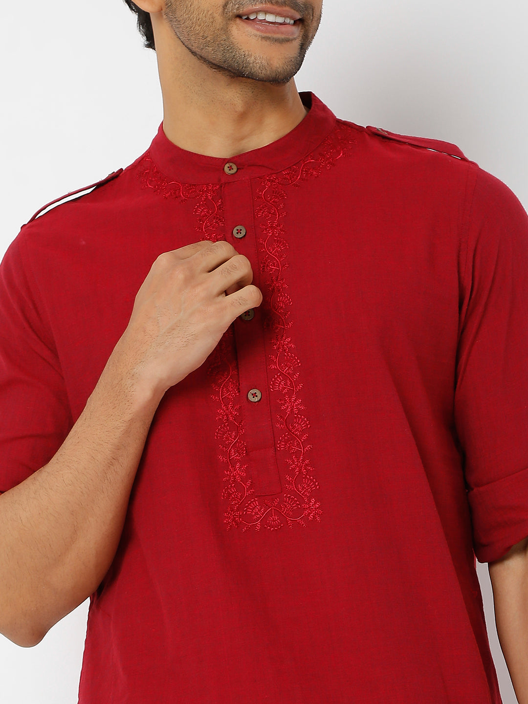 Men's Maroon Powerloom Cotton Solid Kurta