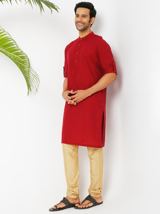 Men's Maroon Powerloom Cotton Solid Kurta