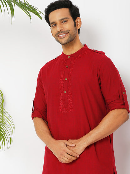 Men's Maroon Powerloom Cotton Solid Kurta