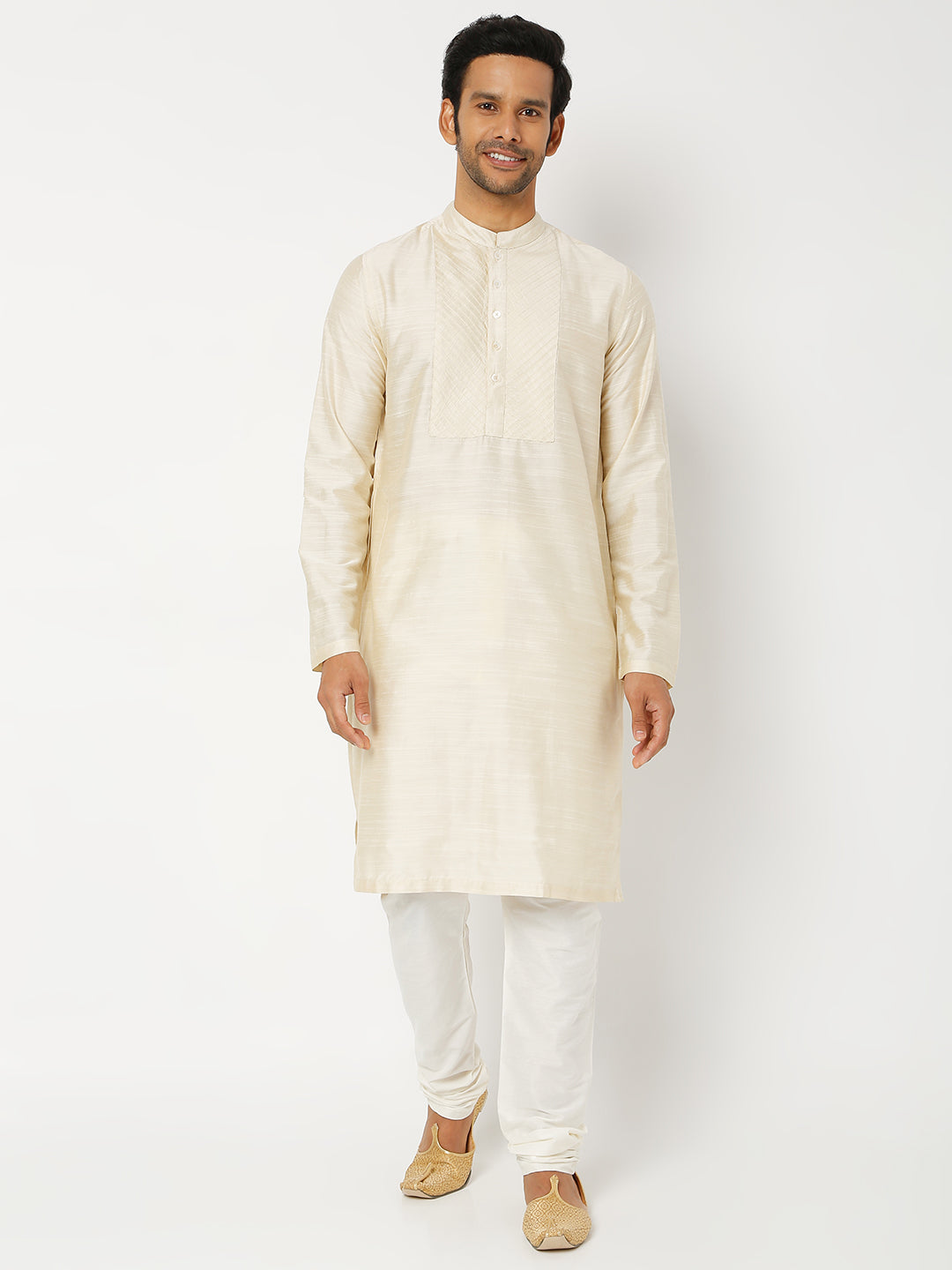 Men's Beige Polyester Viscose Solid Kurta