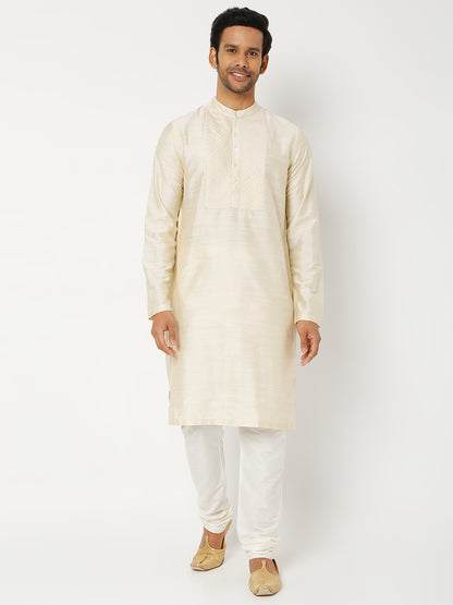 Men's Beige Polyester Viscose Solid Kurta