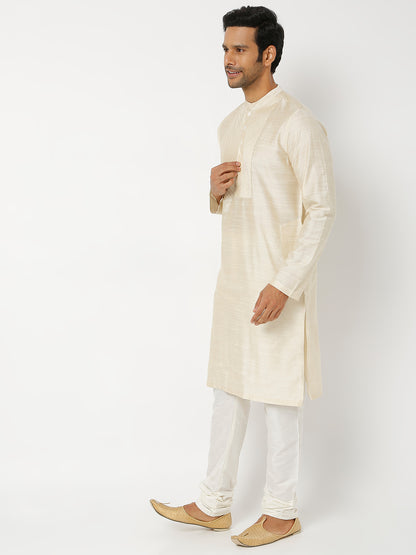 Men's Beige Polyester Viscose Solid Kurta