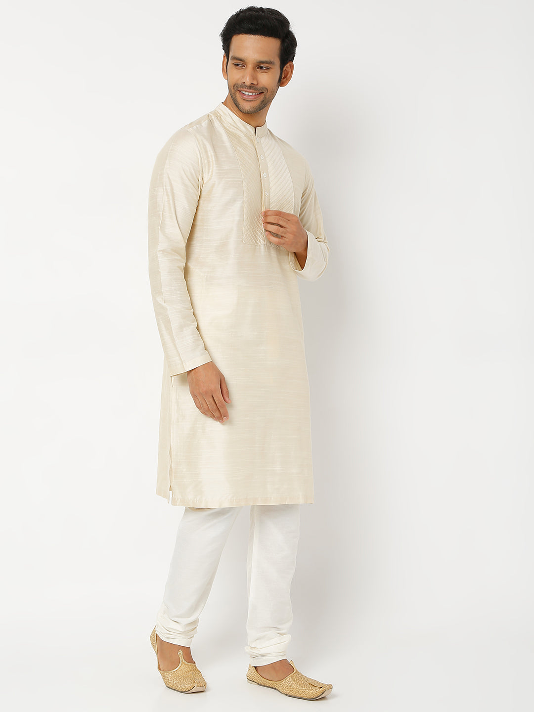 Men's Beige Polyester Viscose Solid Kurta