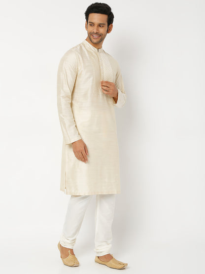 Men's Beige Polyester Viscose Solid Kurta