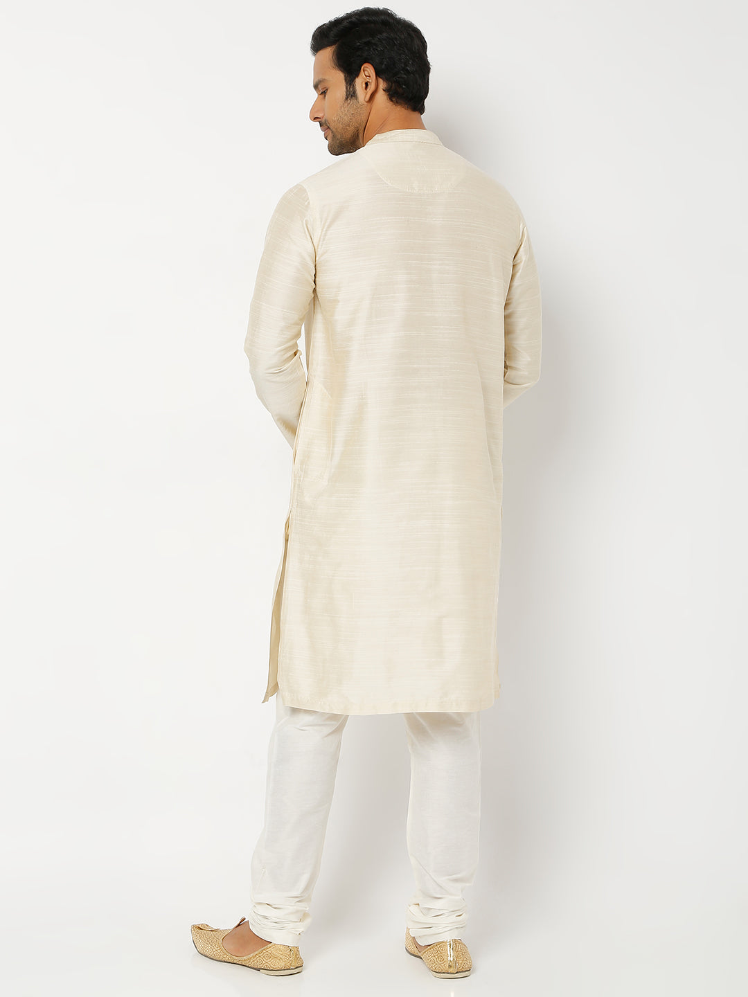 Men's Beige Polyester Viscose Solid Kurta