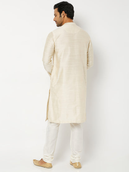 Men's Beige Polyester Viscose Solid Kurta