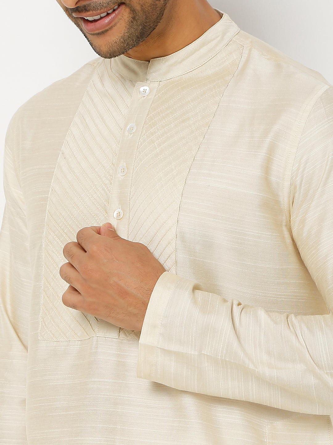 Men's Beige Polyester Viscose Solid Kurta