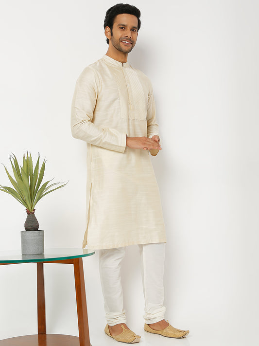 Men's Beige Polyester Viscose Solid Kurta