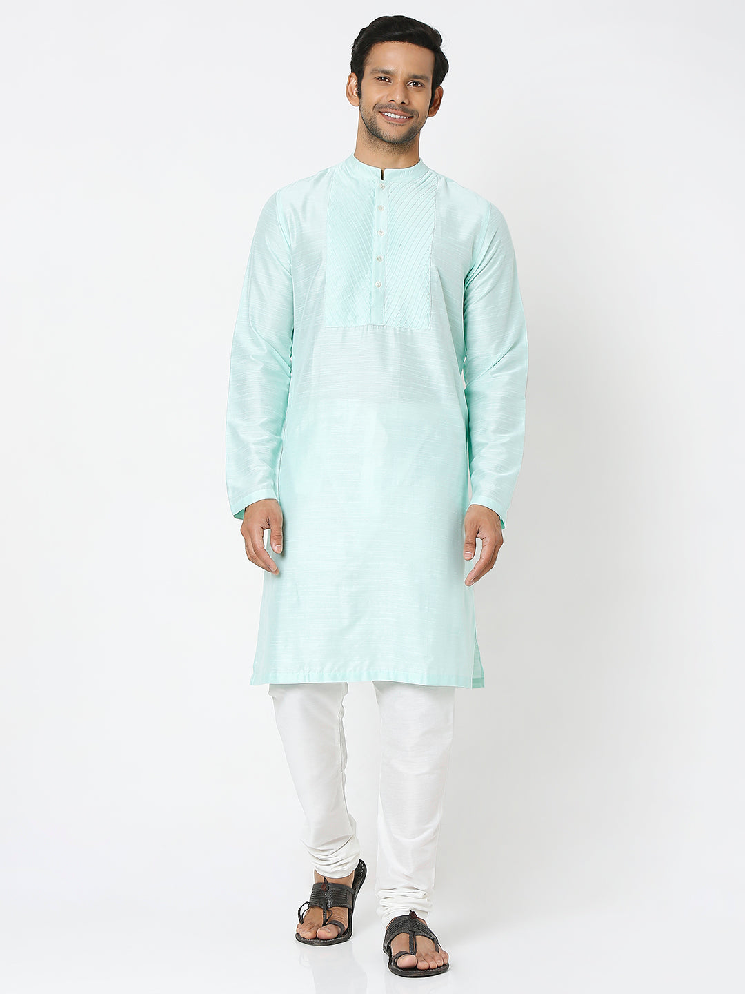 Men's Sea Green Polyester Viscose Solid Kurta