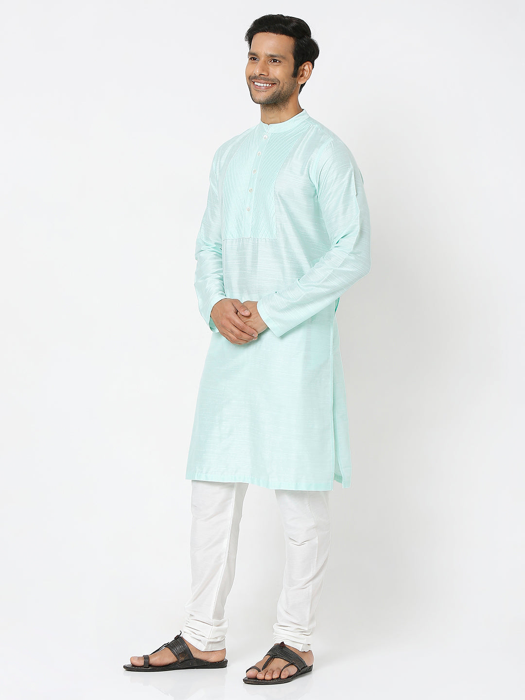 Men's Sea Green Polyester Viscose Solid Kurta