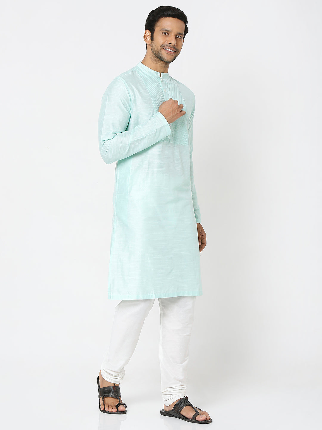 Men's Sea Green Polyester Viscose Solid Kurta