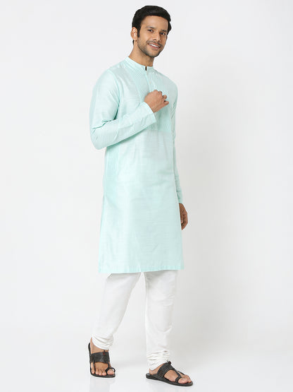 Men's Sea Green Polyester Viscose Solid Kurta