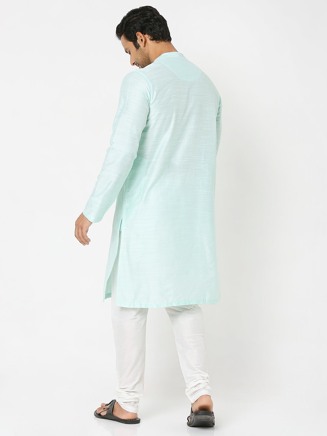 Men's Sea Green Polyester Viscose Solid Kurta
