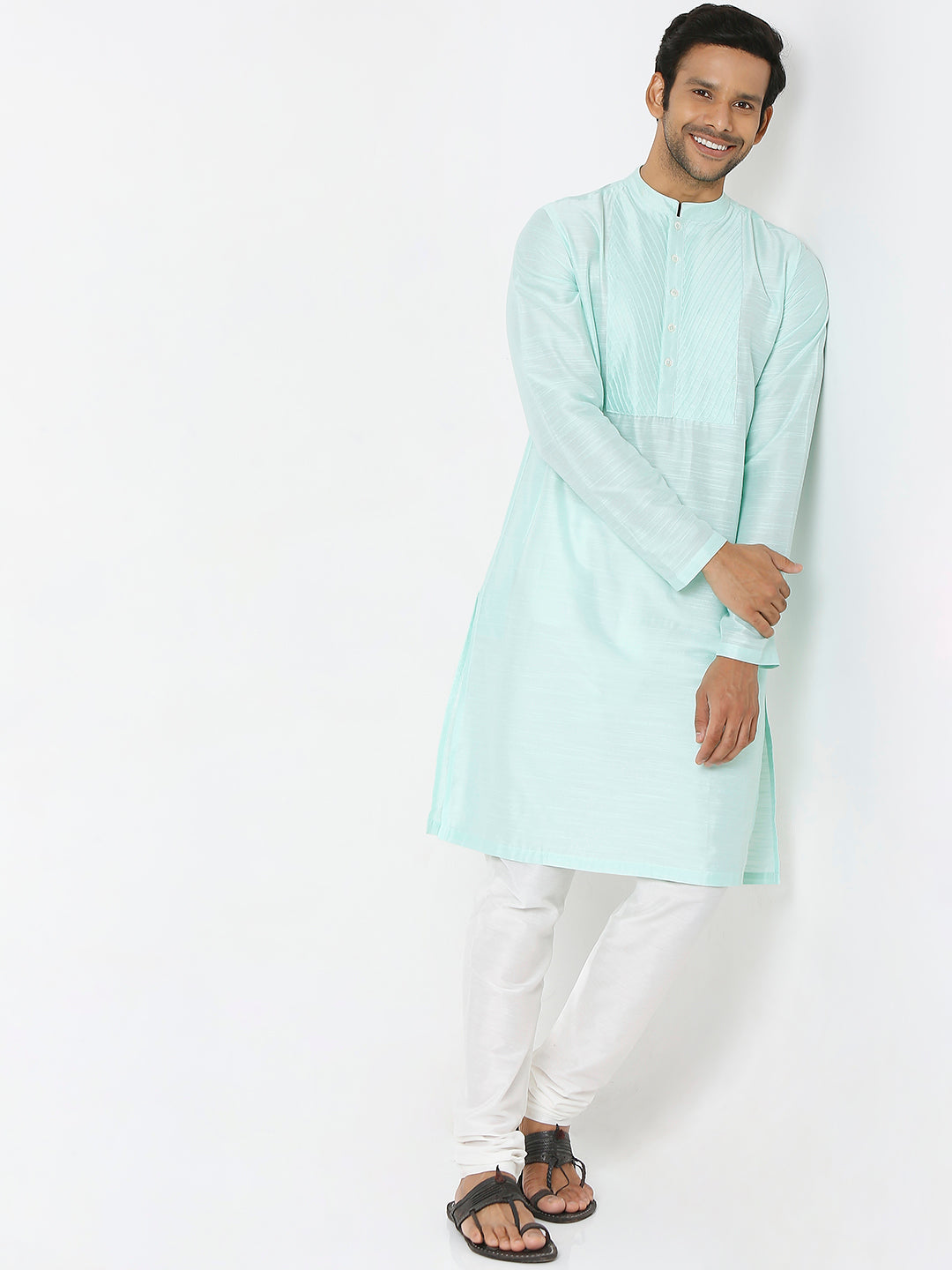 Men's Sea Green Polyester Viscose Solid Kurta