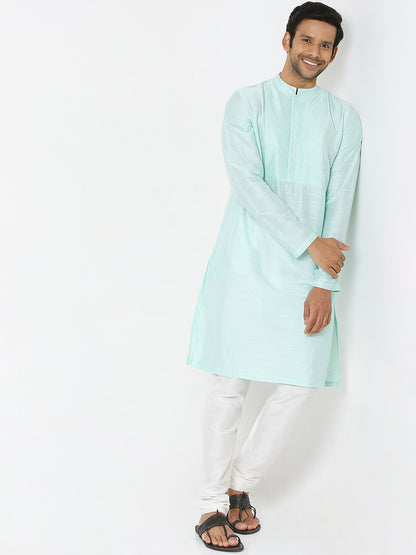 Men's Sea Green Polyester Viscose Solid Kurta