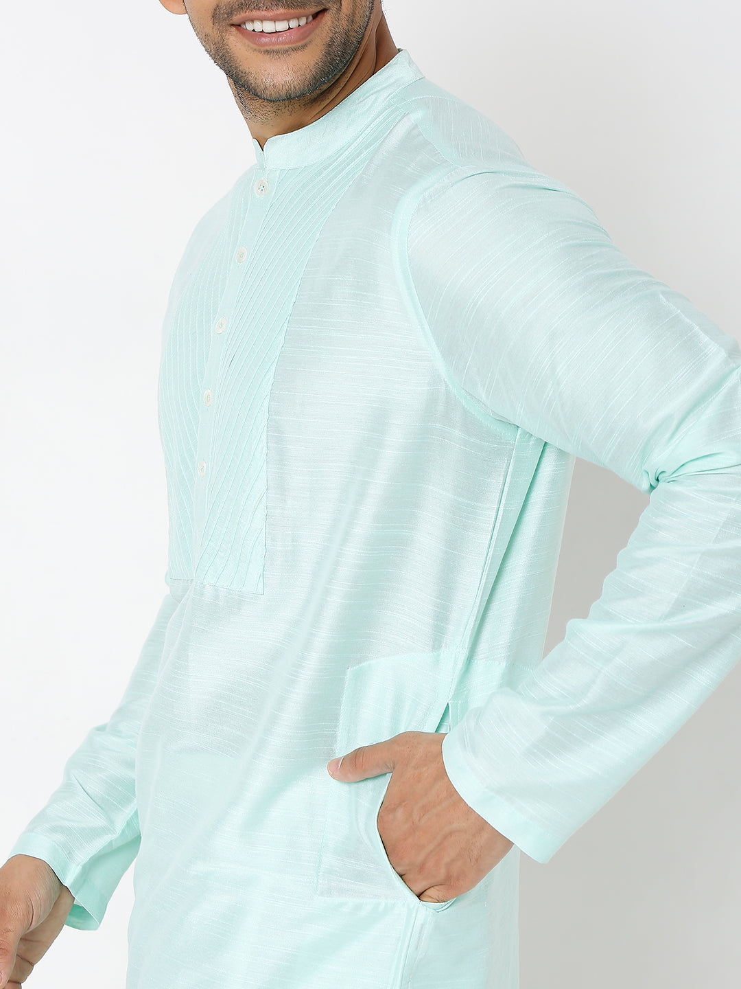 Men's Sea Green Polyester Viscose Solid Kurta
