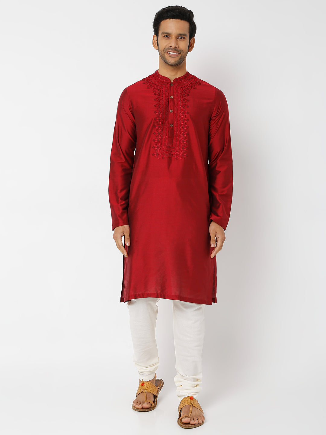 Men's Maroon Polyester Viscose Embroidered Kurta