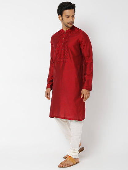 Men's Maroon Polyester Viscose Embroidered Kurta