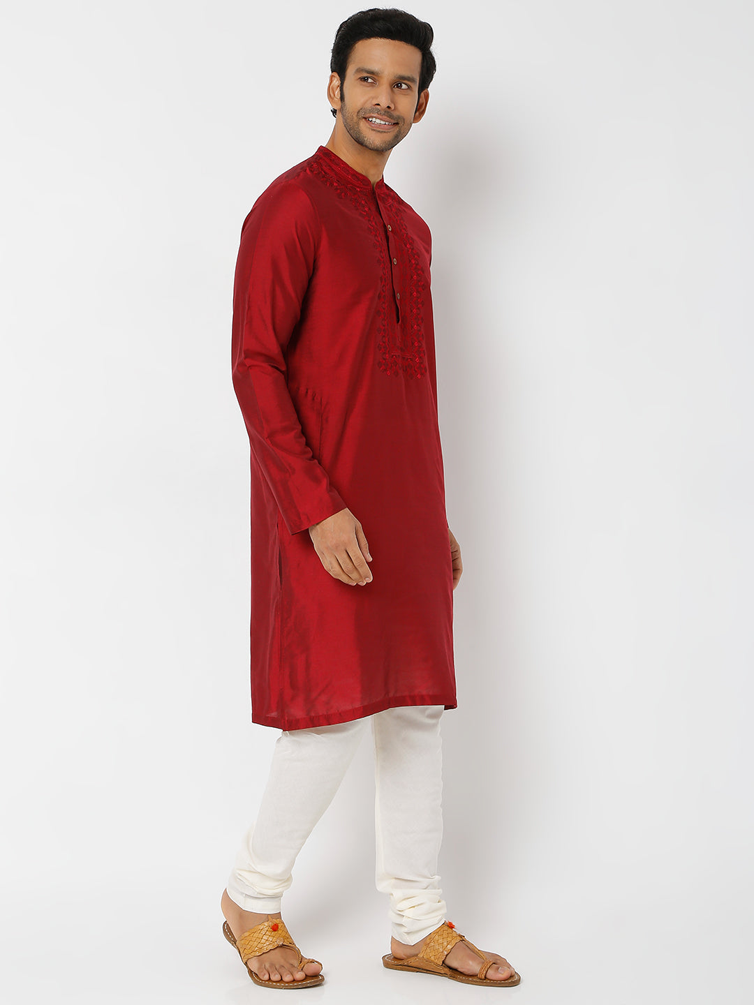 Men's Maroon Polyester Viscose Embroidered Kurta