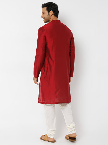 Men's Maroon Polyester Viscose Embroidered Kurta